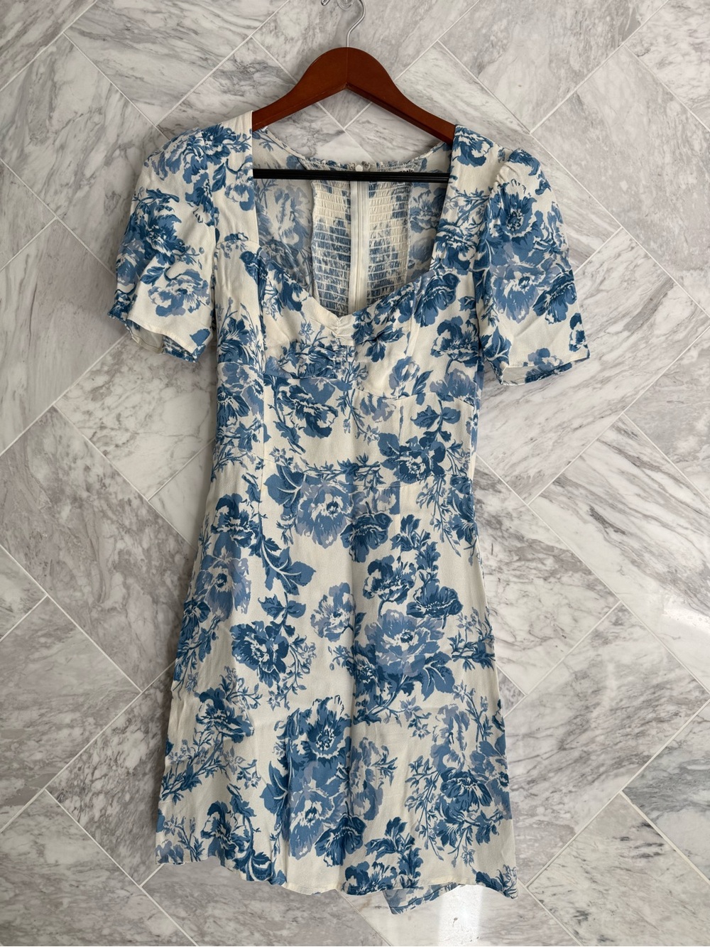 Reformation Blue & White Floral Sweetheart Mini Dress Puff Sleeves - Size 0